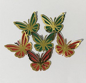 BORBOLETA NATAL EM CAMADAS (DOURADO COM VERDE/ VERMELHO) 6 UNIDADES