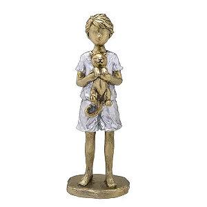 ESCULTURA DECORATIVA MENINO COM GATA EM RESINA