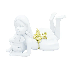 ESCULTURA DECORATIVA MENINA DEITADA COM CACHORRO