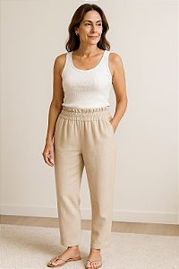 Calça Reta em Viscolinho com Cintura Alta – Caimento Leve e Elegância Atemporal