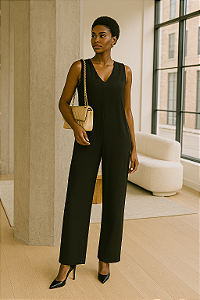 Macacão Pantalona com Fenda e Decote V – Sofisticação Leve e Atemporal