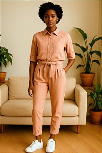 Conjunto de Camisa e Calça Feminino em Viscolinho Tamanho M Rosê