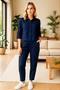 Conjunto de Camisa e Calça Feminino em Viscolinho Tamanho M Marinho