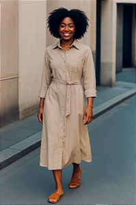 Chemise Midi Feminina em Algodão com Amarração na Cintura Cor Fendi