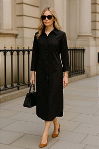 Chemise Midi Feminina em Algodão com Amarração na Cintura Cor Preta