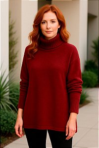 Poncho Feminino de Tricô Liso Gola Alta com Fenda na Lateral Cor Marsala