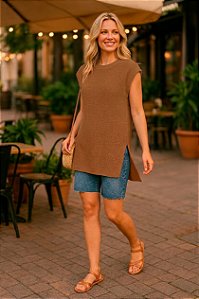 Maxi Colete Feminino de Tricô Cor Caramelo