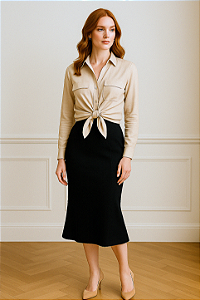 Camisa Acinturada Feminina com Bolsos de Viscose Cor Bege Tamanho M