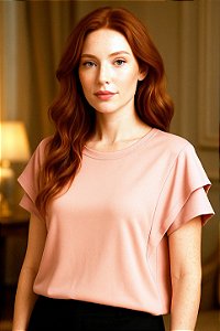 Camiseta Feminina com Babado na Manga de Viscose Cor Rosê Tamanho P