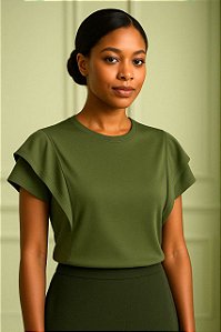 Camiseta Feminina com Babado na Manga de Viscose Cor Verde Militar Tamanho P