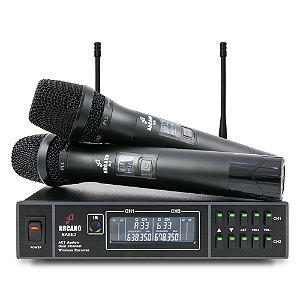 KIT BB-2 - MICROFONE SEM FIO DUPLO ARCANO ACOMPANHADO DE BASE RECEPTORA E FONTE BI-VOLT, ANTENAS