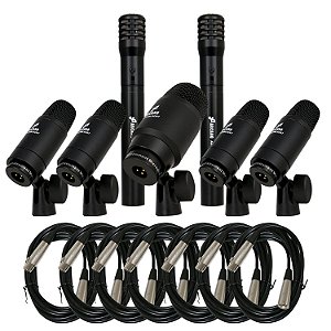 Kit de microfones para bateria Arcano AM-PENBLACK7 + 5 cabos XLR-XLR e 2 XLR-SXB