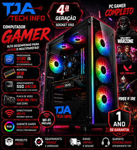 Computador Gamer Intel Core i5 4ª Geração 8GB DDR3 SSD 240GB Radeon 7670 4GB DDR5 Gabinete Gamer RGB Vidro Wi-Fi