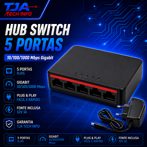 HUB Switch 5 Portas 10/100/1000 Mbps Gigabit RJ45 🖥️ | Plug & Play | Fonte 12V Inclusa ⚡