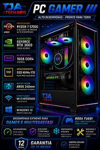 PC Gamer Ryzen 7 5700G | RTX 3060 12GB | 16GB RAM | SSD 1TB | Water Cooler ARGB 240mm