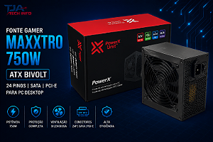 Fonte Gamer Maxxtro 750W ATX Bivolt 24 Pinos SATA PCI-E para PC Desktop