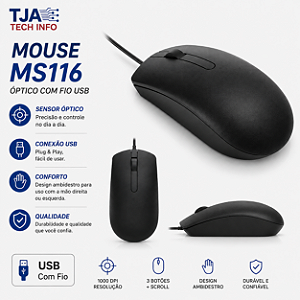 Mouse Dell MS116 Óptico com Fio USB 1000 DPI – Original