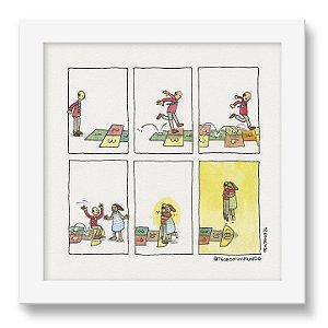 Quadro - Amarelinha - Tirinha Téo E O Mini Mundo - 15x15 Cm - Moldura Branca