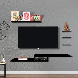 Rack Suspenso Tv + 4 Nichos em MDF Preto para Quarto Video Game Sala