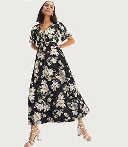 VESTIDO LONGO FLORAL DE TECIDO PLANO EM VISCOSE  ELASTICO NA CINTURA