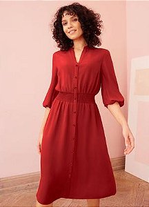 VESTIDO MIDI VERMELHO TECIDO VISCOSE PLANA COM BOTÕES DE MANGA AJUSTADA