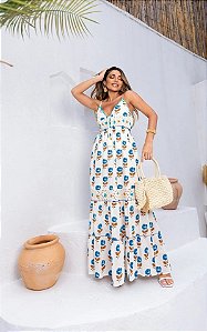 VESTIDO INIDANO LONGO DE FLORES EM CREPE PREMIUM ESTAMPADO COM FORRO