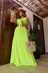 CONJUNTO SAIA LONGA E CROPPED DE LAÇO VERDE NEON EM DUNA