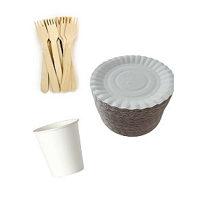 KIT FESTA SUSTENTÁVEL: COM PRATO E COPO DE PAPEL E GARFO DE MADEIRA
