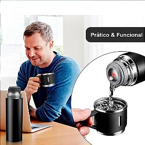 Kit Garrafa Térmica Inox 500ml Com 3 Xícaras Camping Viagem Café