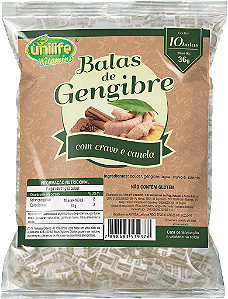 Bala de gengibre com cravo e canela - Caixa com 30 pacotes de 36 gr.