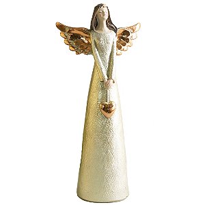 Anjo Decorativo Asas Douradas de Resina com coração 24 cm