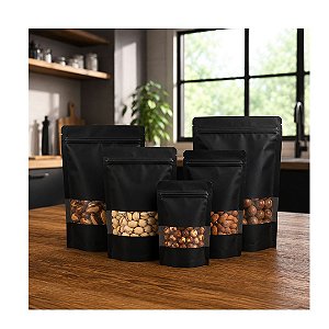 Saco Zip Lock Kraft Preto Stand Up Pouch C/ Visor 12x20 - 50un