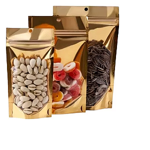 Saco Stand Up Pouch Todo Dourado Com Visor 18x28+4f - 50un