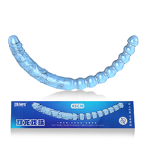 PÊNIS DUPLO EM SILICONE AZUL COM ESFERAS E GLANDE 44CM X 3,3CM