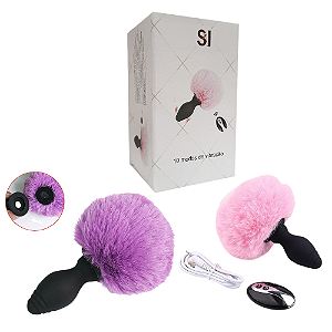 PLUG ANAL EM SILICONE - POMPOM DE COELHO COM VIBRO E CONTROLE REMOTO - TAM M