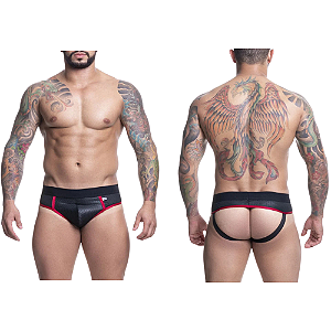 CUECA EM CIRRÊ PRETO E VERMELHO TRABALHADO FRENTE SLIP E ATRÁS JOCK
