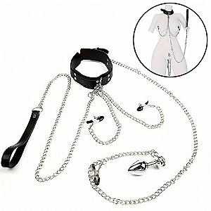 COLEIRA COM GRAMPOS DE MAMILOS E PLUG ANAL