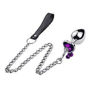 PLUG DE CORAÇÃO EM AÇO - COM SINO E CORRENTE - ROXO - TAMANHO M