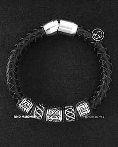 Pulseira masculina viking couro black em aço inoxidável