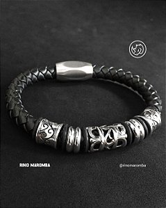 Pulseira masculina flor de lis couro black em aço inoxidável