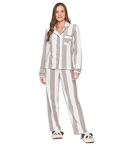 Pijama Feminino Longo Fleece Abotoado Lua Lua 101112281 - Cinza