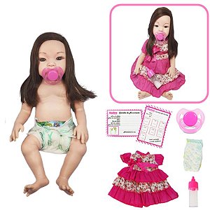 Boneca Bebê Reborn Vinil Siliconada Cabelo Castanho Longo