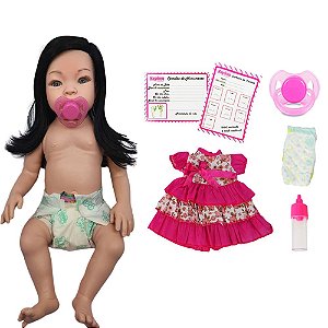 Boneca Bebê Reborn Vinil Siliconada Moreno Cabelo Longo