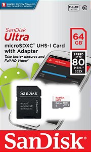 Cartão De Memória Micro SD Sandisk Ultra Class 10 - 64GB