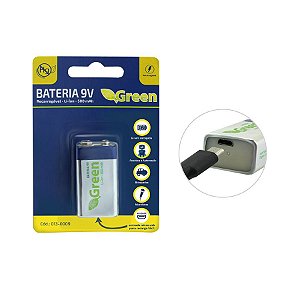 Bateria 9v Recarregável 500 mAh Com Entrada Micro Usb - Green