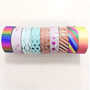 Fitas Adesivas Washi Tapes Lisa Glitter Estampada Papelaria Coreana Japonesa - 10 peças