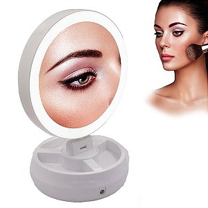 Espelho Maquiagem Aumento 10x Luz Led Dupla Face Camarim Beleza Giratório Portátil