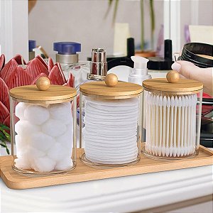 Kit Porta Algodão Cotonete Organizador 3 Potes Acrílico Tampa Bambu Disco Maquiagem