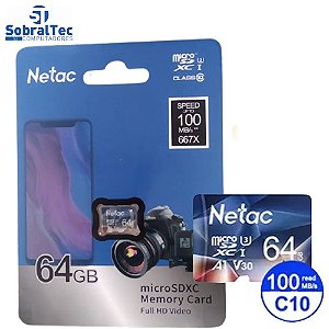 Cartão Micro SD Classe 10 U3 SDXC Netac 64Gb 100Mb/s De Leitura Com Adaptador SD