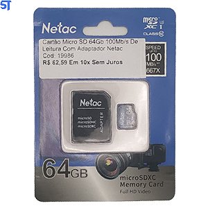 Cartão Micro SD 64Gb 100Mb/s De Leitura Com Adaptador Netac